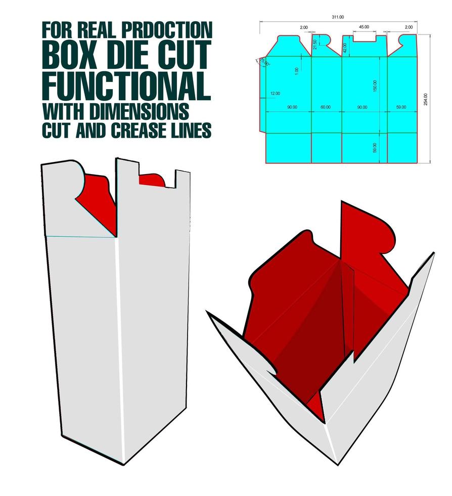plantilla de cubo troquelado de caja con vista previa 3d organizada con corte, pliegue, modelo y dimensiones listas para cortar e imprimir, a escala completa y completamente funcional. preparado para cartón real vector