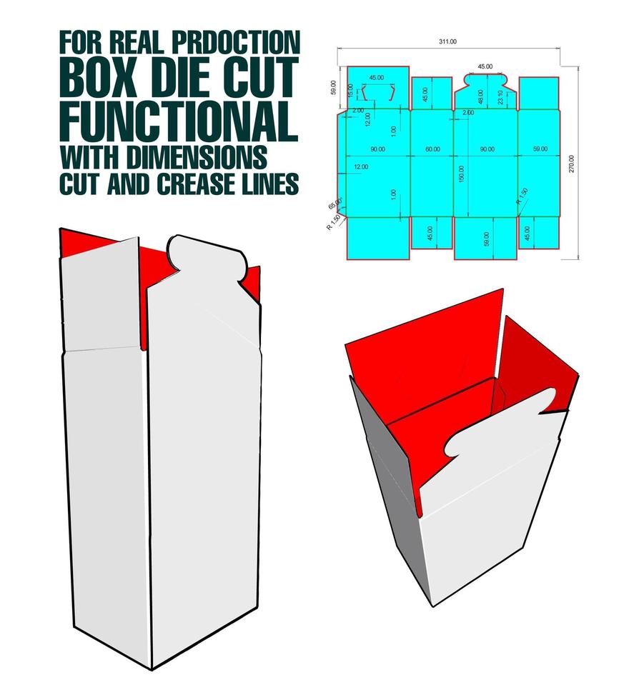 Box Die Cut Cube Template With 3d Preview Organised With Cut, Crease, Model And Dimensions Ready To Cut And Print, Full Scale And Fully Functional. Prepared For Real Cardboard vector