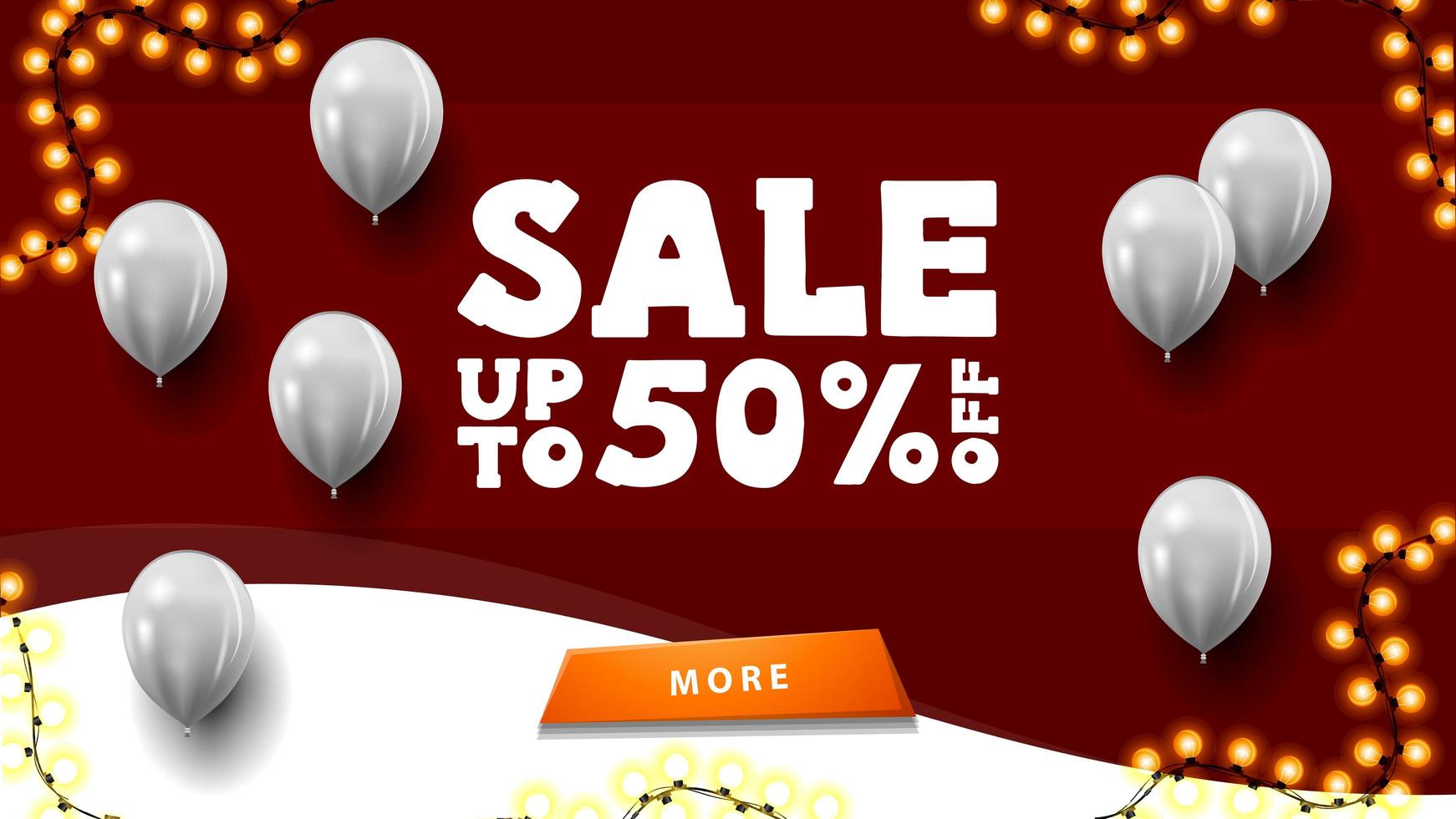 Sale, up to 50 off, red banner with white balloons vector