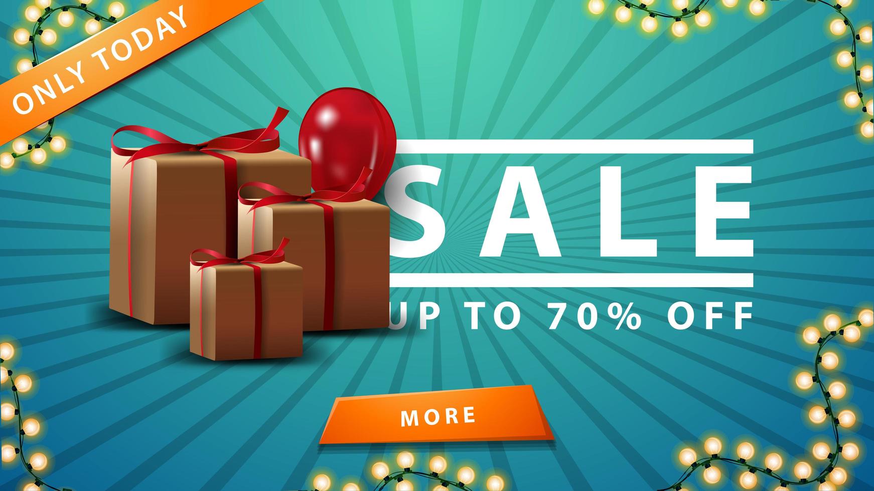 Sale, up to 70 off, blue discount web banner with gifts, frame garland and button vector