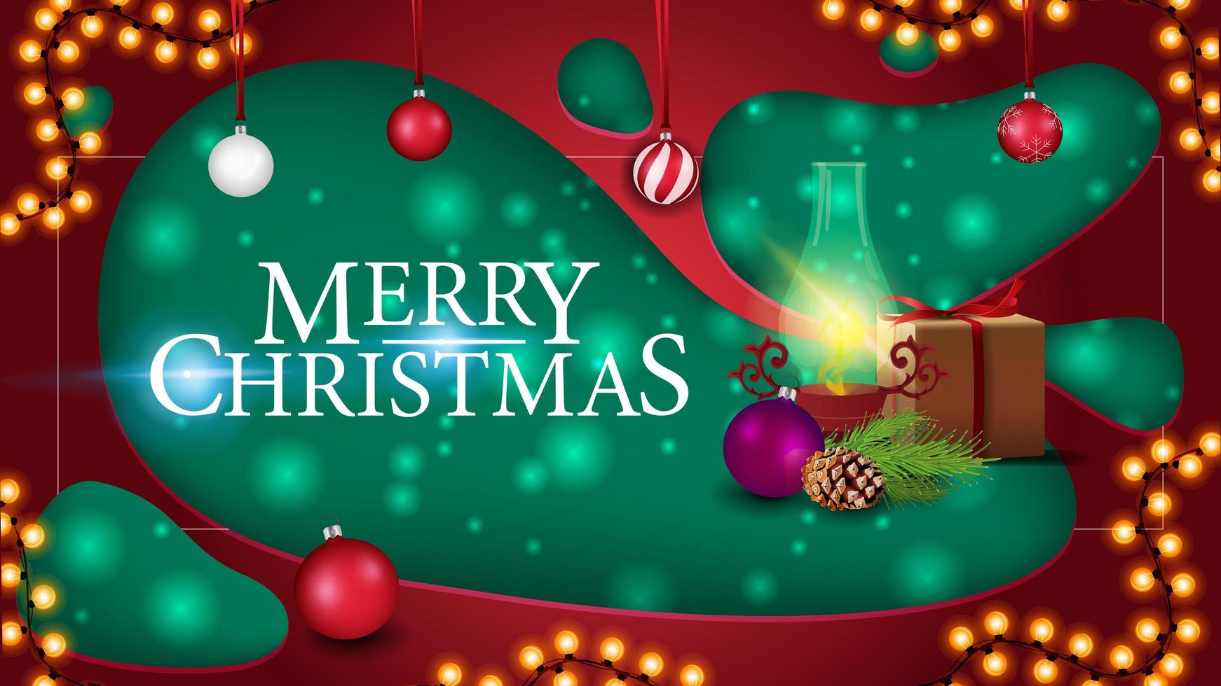 feliz navidad, postal en papel cortado estilo con regalo, lámpara antigua, rama de árbol de navidad, cono, bola de navidad vector