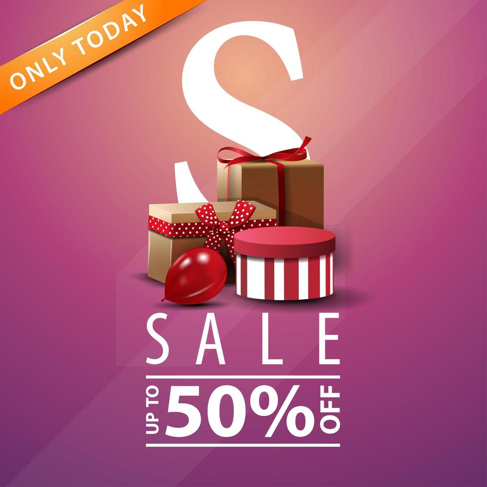 Modern pink discount banner with gifts, up to 50 off vector