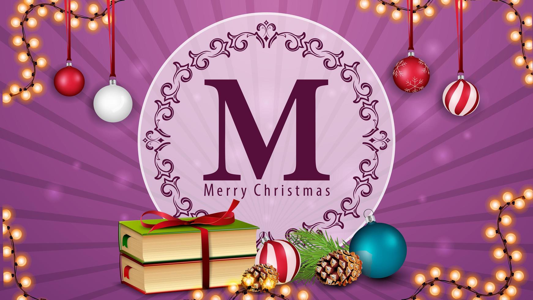 Merry Christmas, postcard with garland, Christmas books, Christmas ball and cone vector