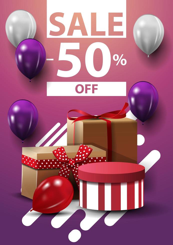 venta, hasta 50 de descuento, banner web vertical con globos y regalos vector