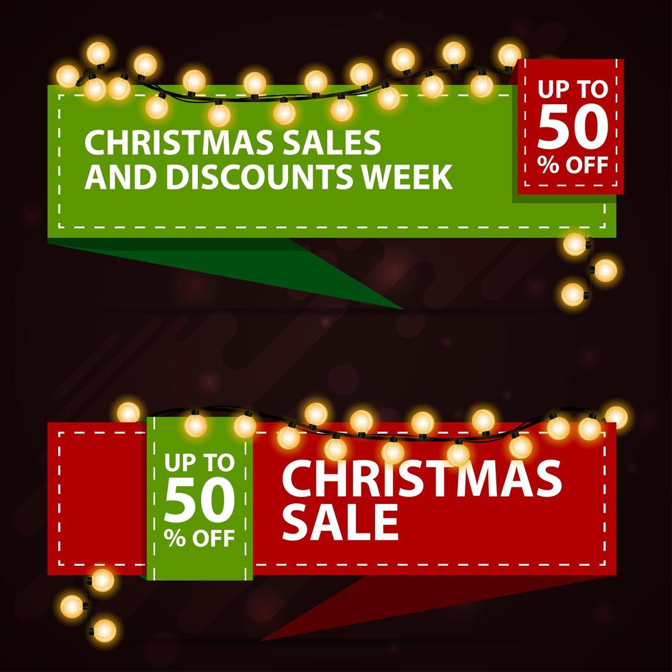 Christmas discount banners in the form of ribbons. Red and green templates with Christmas decor vector