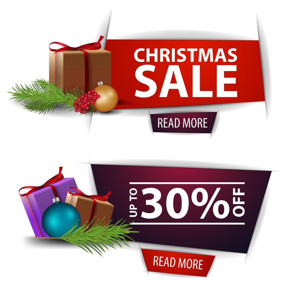 Christmas discount banners with gifts isolated on white background. Red and purple templates vector