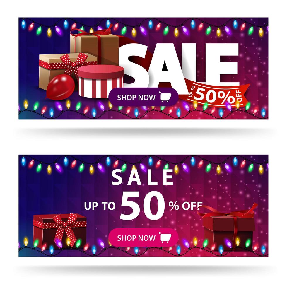 Sale, up to 50 off, two purple discount banners with gift boxes and polygonal texture vector