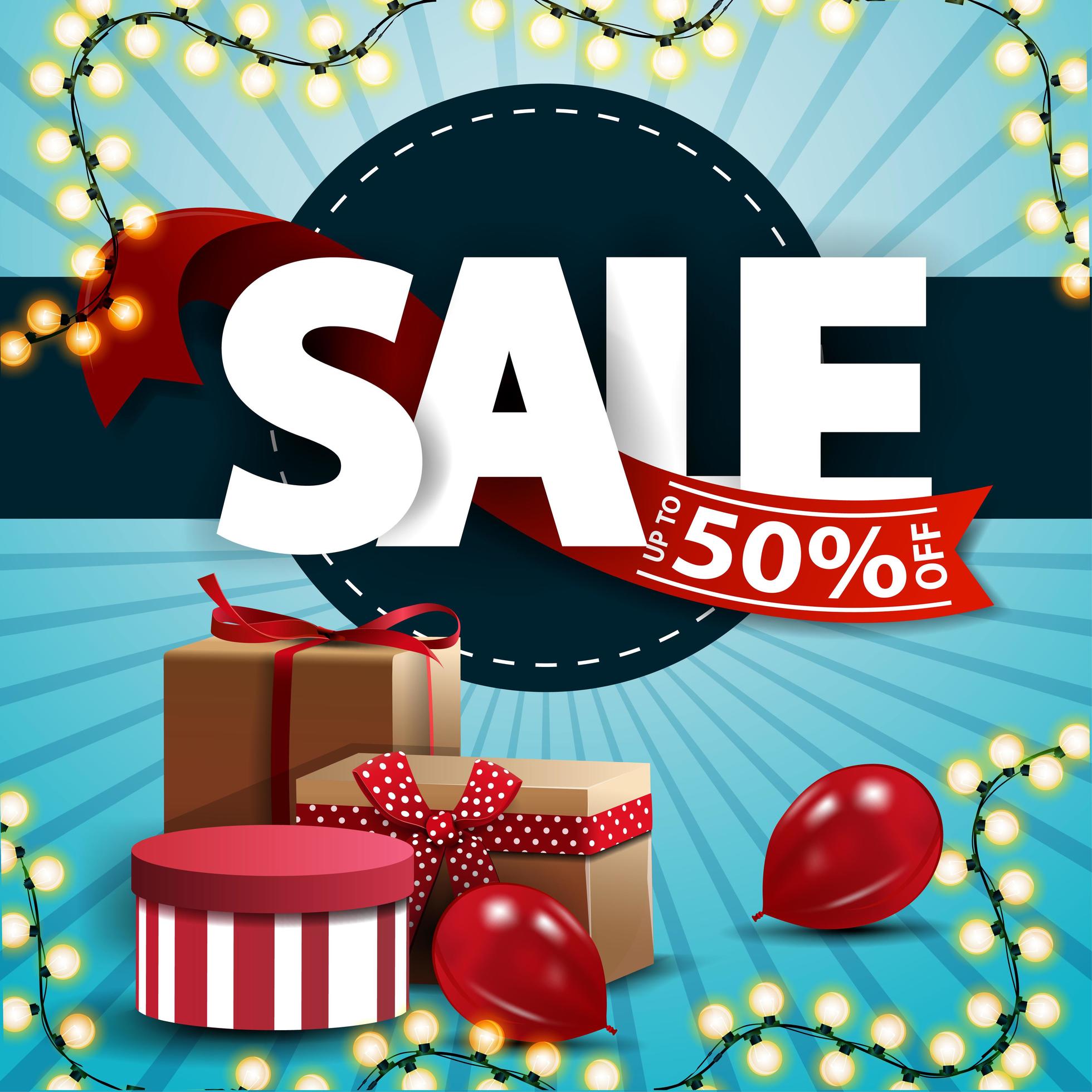 Discount blue square banner with gifts and large letters 1948898 Vector