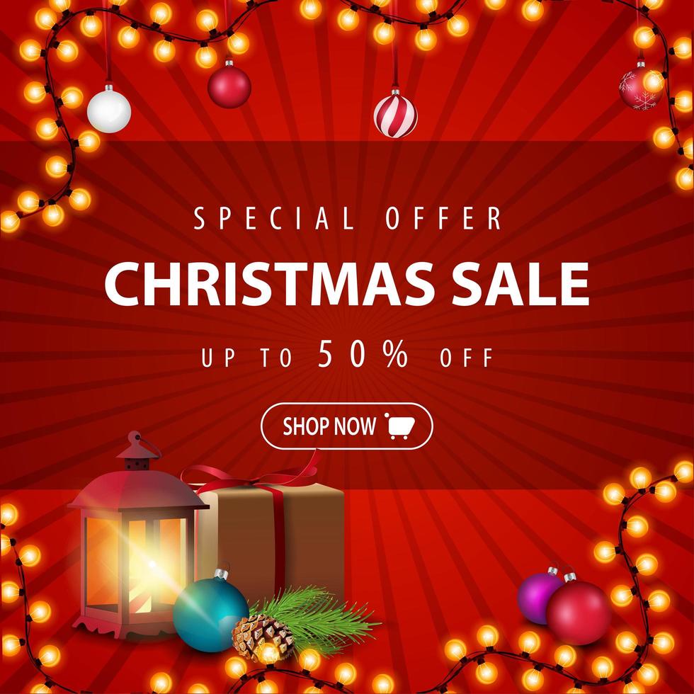 Special offer, Christmas sale, up to 50 off, red discount banner with gift, vintage lantern, Christmas tree branch with a cone and Christmas balls vector