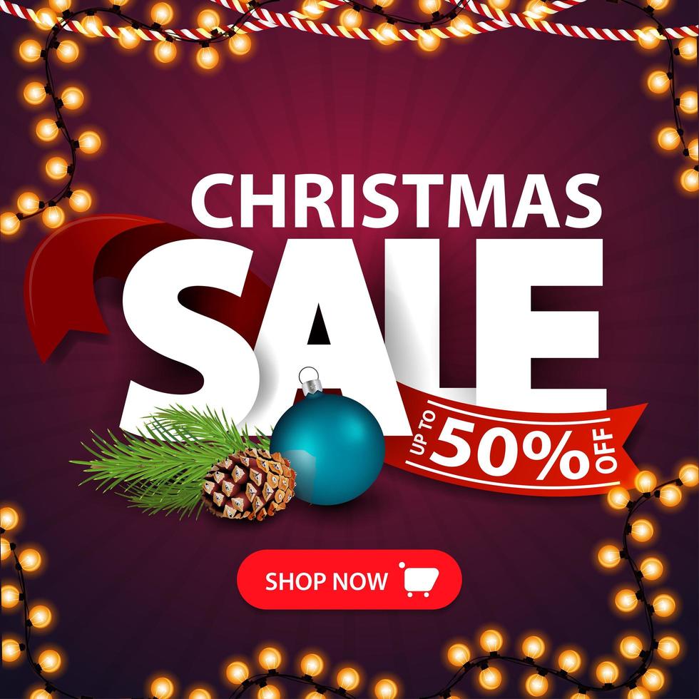 Christmas sale, up to 50 off, square purple discount banner with Large letters, red ribbon, button and Christmas tree branch vector