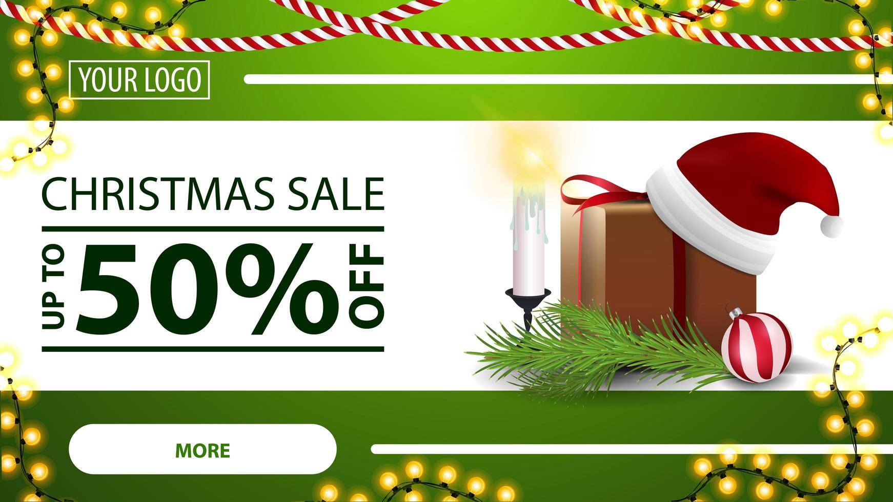 Christmas sale, up to 50 off, green horizontal modern web banner with button, garland, gift with Santa Claus hat, candles, Christmas tree branch and Christmas ball vector