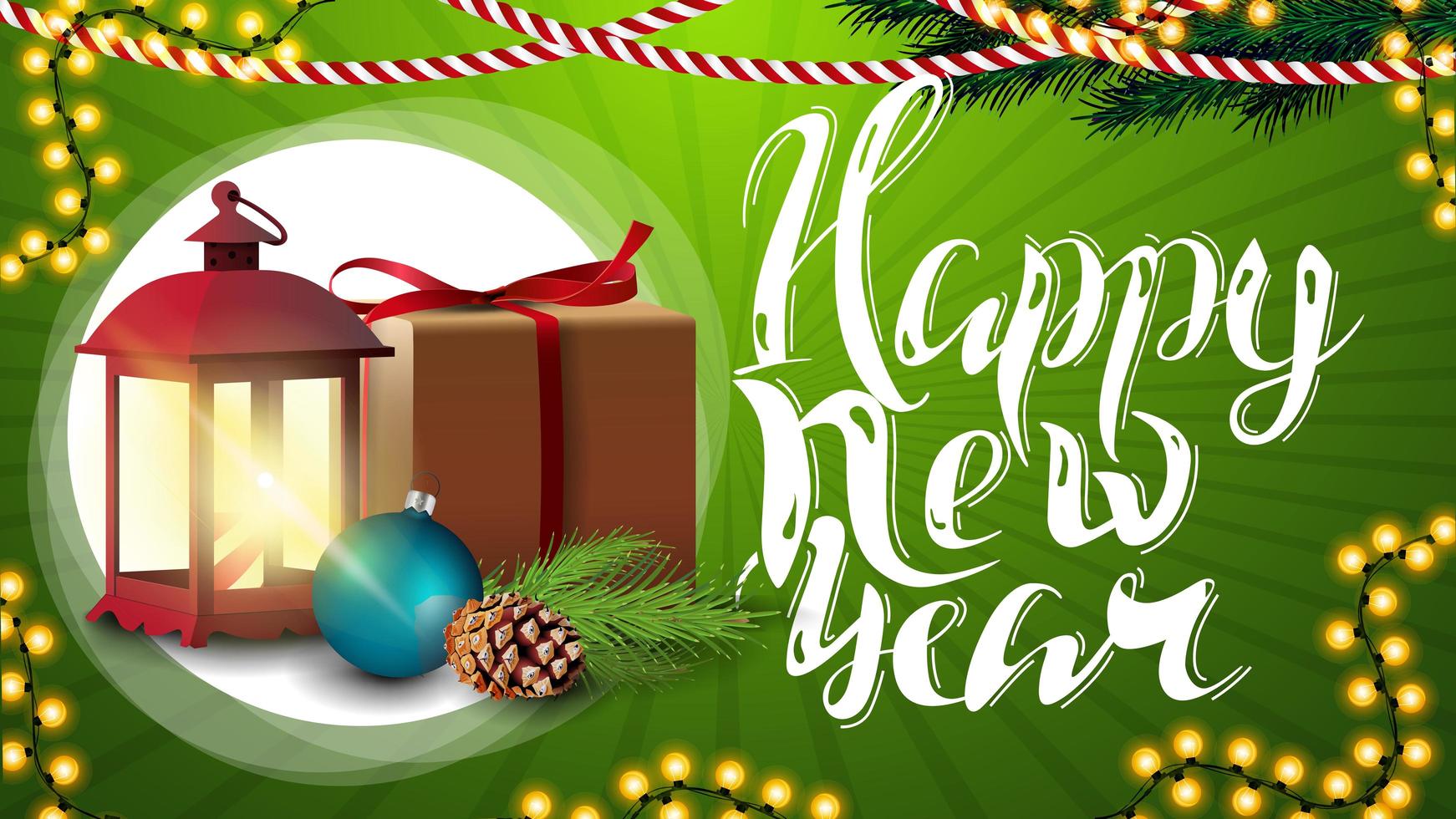 feliz año nuevo, tarjeta de felicitación verde horizontal con hermosas letras, guirnalda, regalo, linterna vintage, rama de árbol de navidad con un cono y una bola de navidad vector