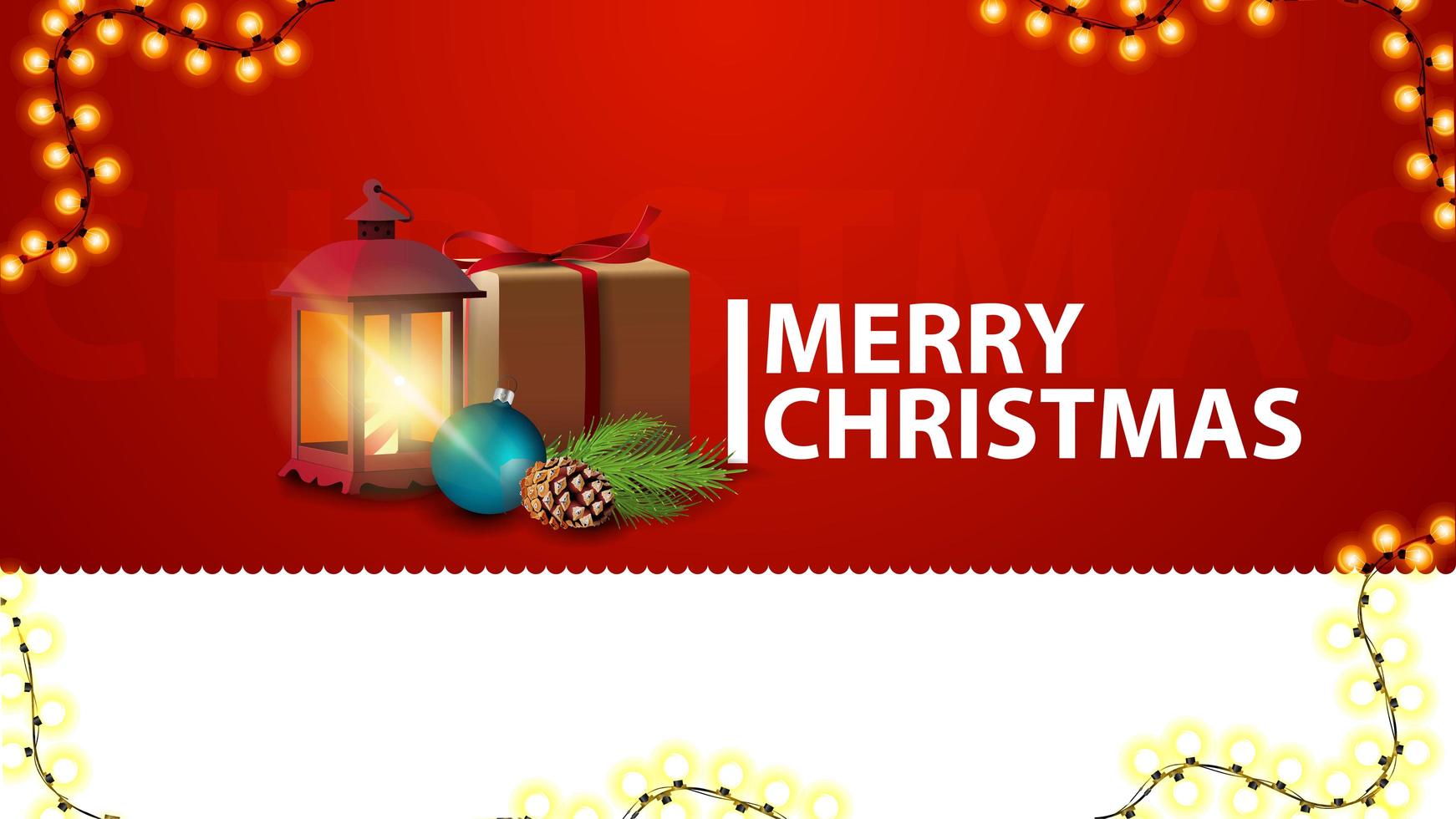 Feliz Navidad, banner de saludos rojo horizontal para sitio web con regalo, linterna vintage, rama de árbol de Navidad con un cono y una bola de Navidad vector