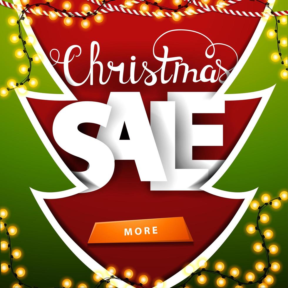 Red and green Christmas discount banner in a paper cut style Christmas tree vector