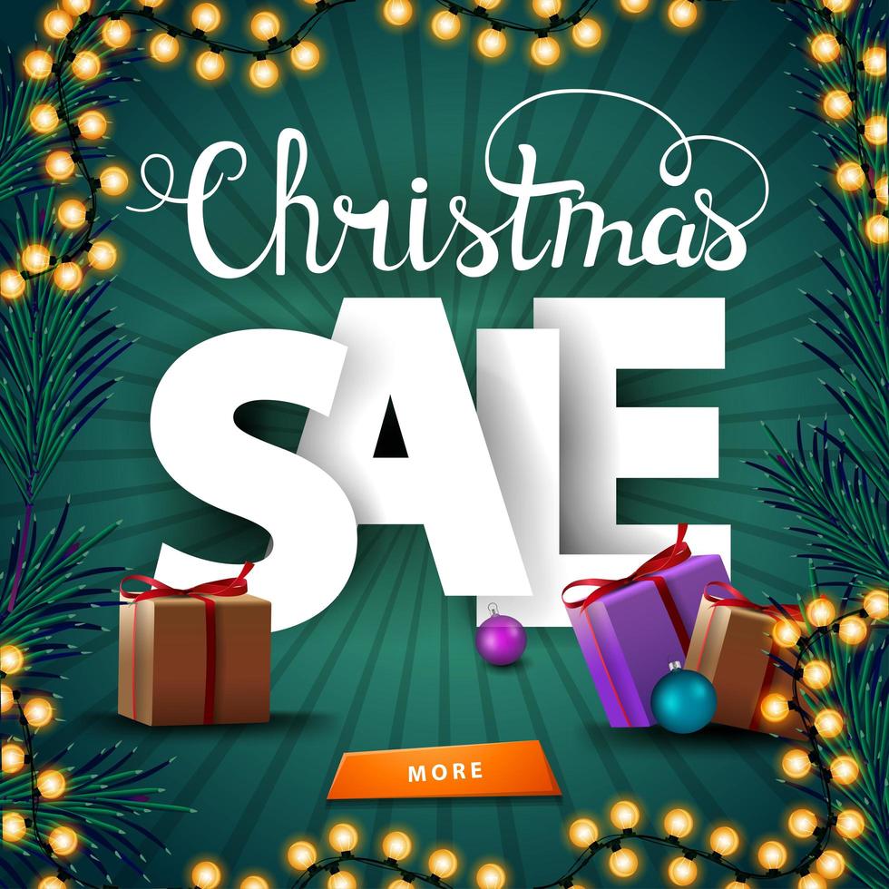 Christmas sale, square green discount banner with garland, Christmas tree branch and presents vector