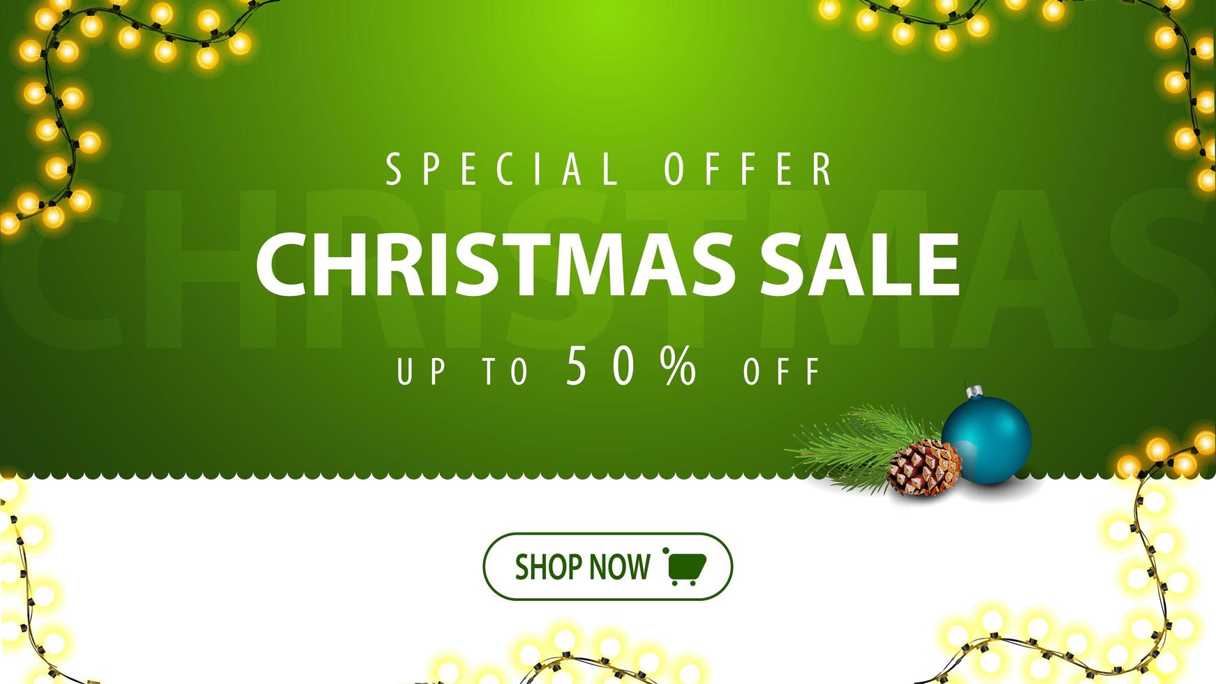 Christmas sale, up to 50 off, green bright horizontal modern web banner for website with button, garland and Christmas tree branch vector