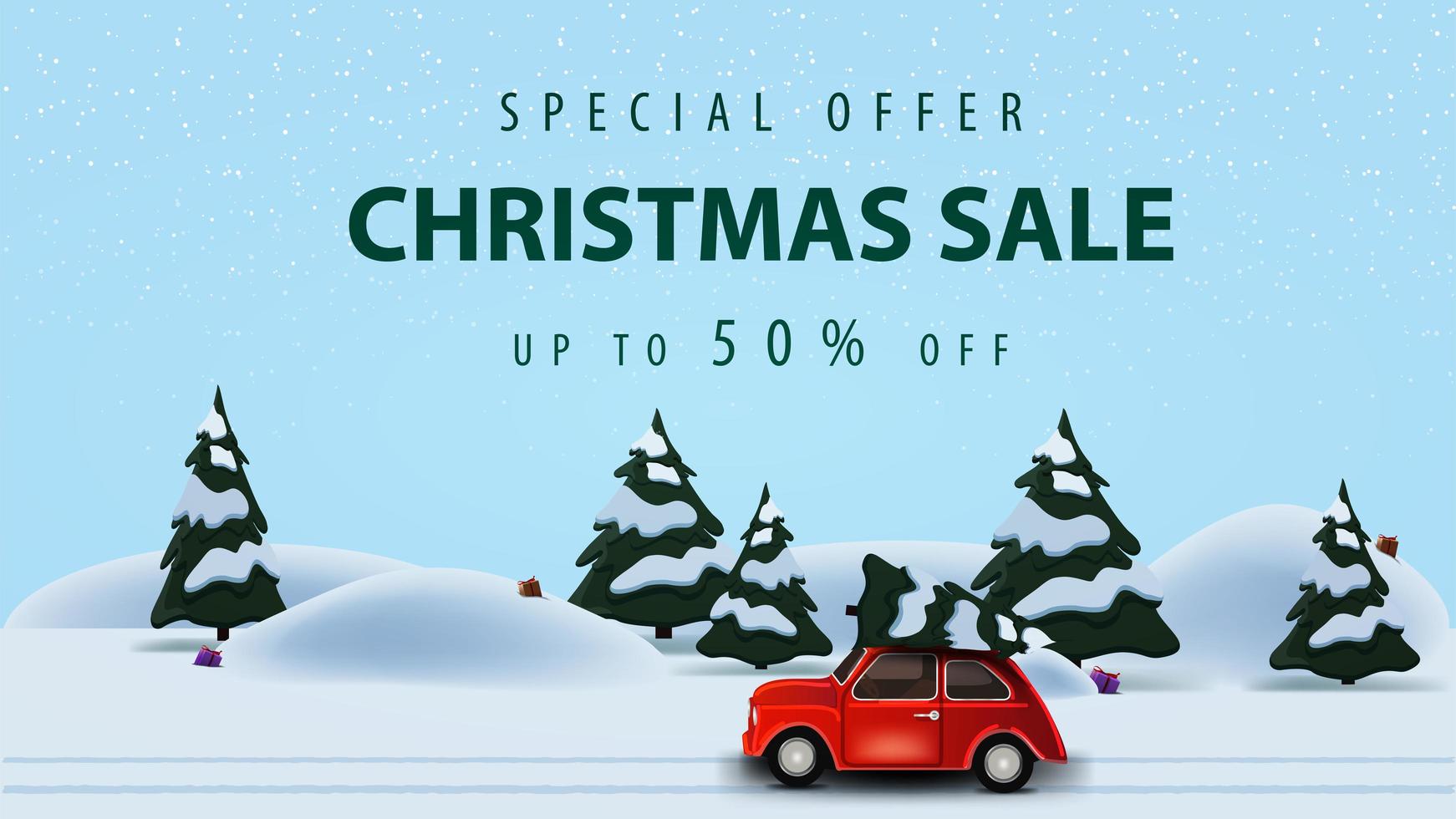 Special offer, Christmas sale, up to 50 off, horizontal discount web banner with beautiful vector illustration with pine winter forest and red vintage car carrying Christmas tree
