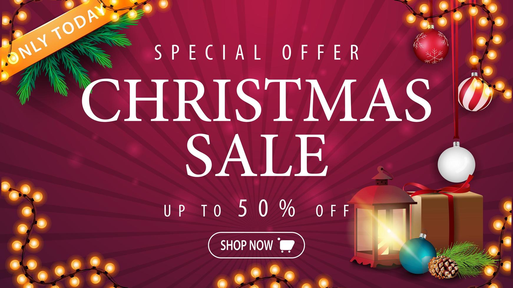 Only today, Christmas sale, up to 50 off, purple discount banner with gift, vintage lantern, Christmas tree branch with a cone and a Christmas ball vector