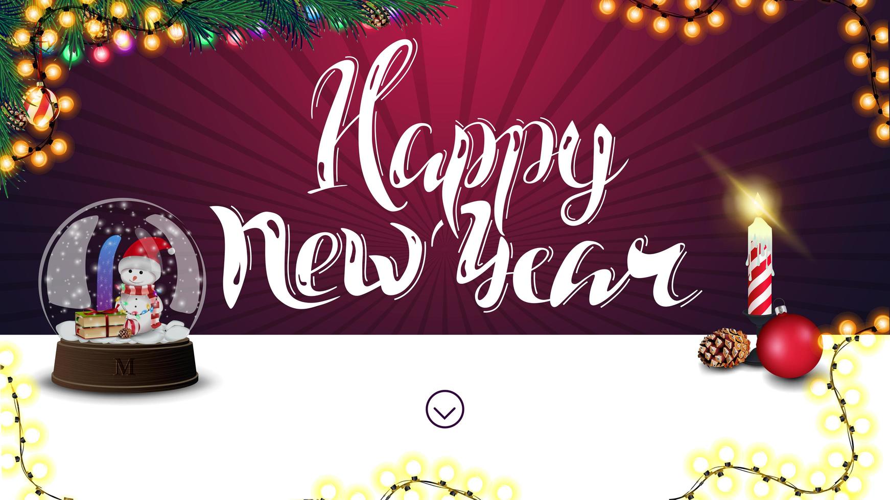 feliz año nuevo, tarjeta de felicitación de color púrpura horizontal con hermosas letras, guirnalda, árbol de navidad, guirnalda, vela y globo de nieve con muñeco de nieve vector