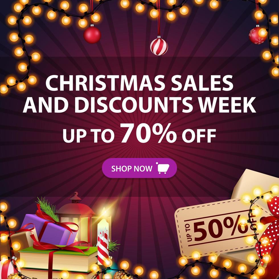 Christmas sales and discount week, up to 70 off, square red discount banner with presents and Christmas decor vector