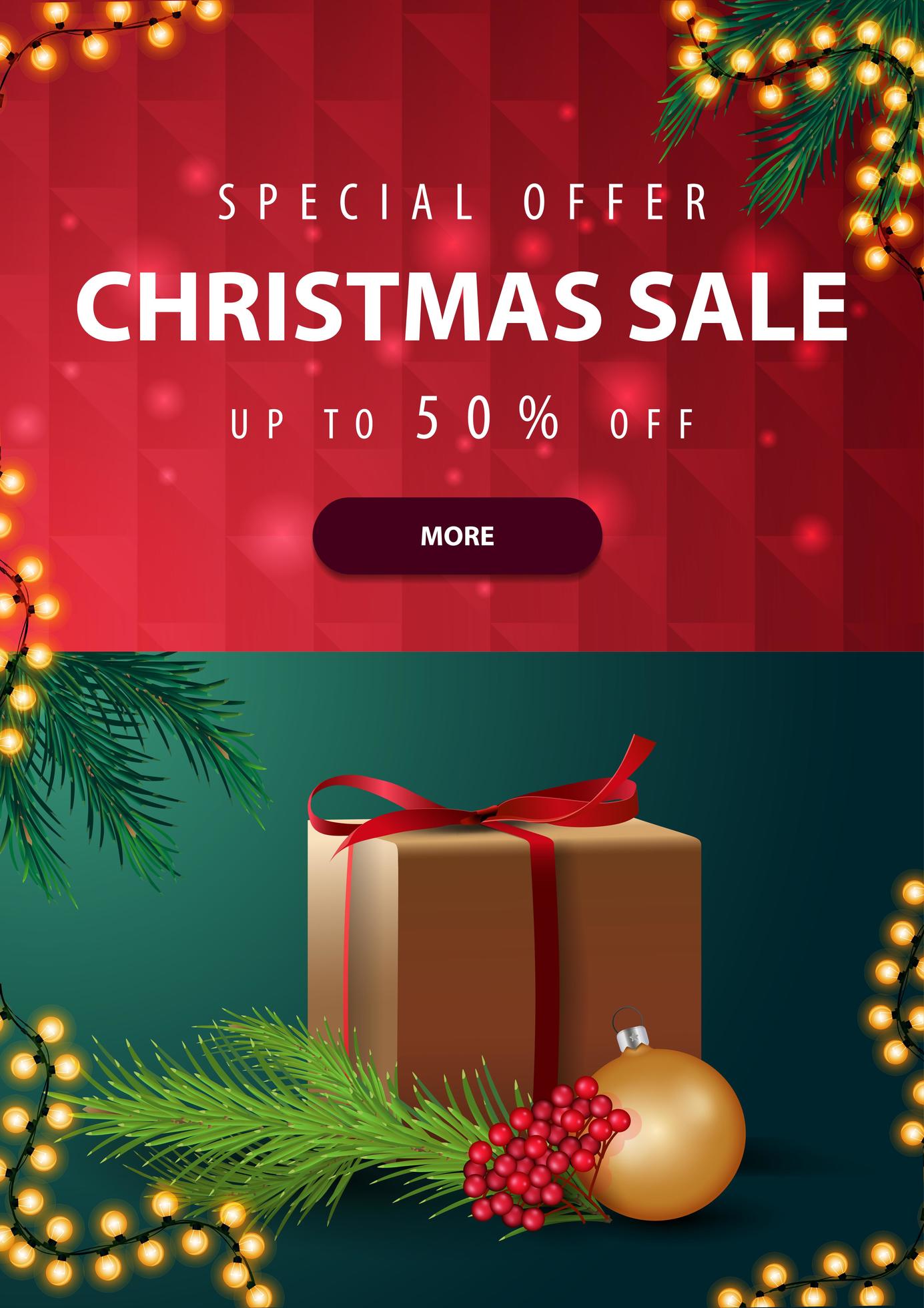 Special offer, Christmas sale, up to 50 off, vertical red and green discount banner with gift 