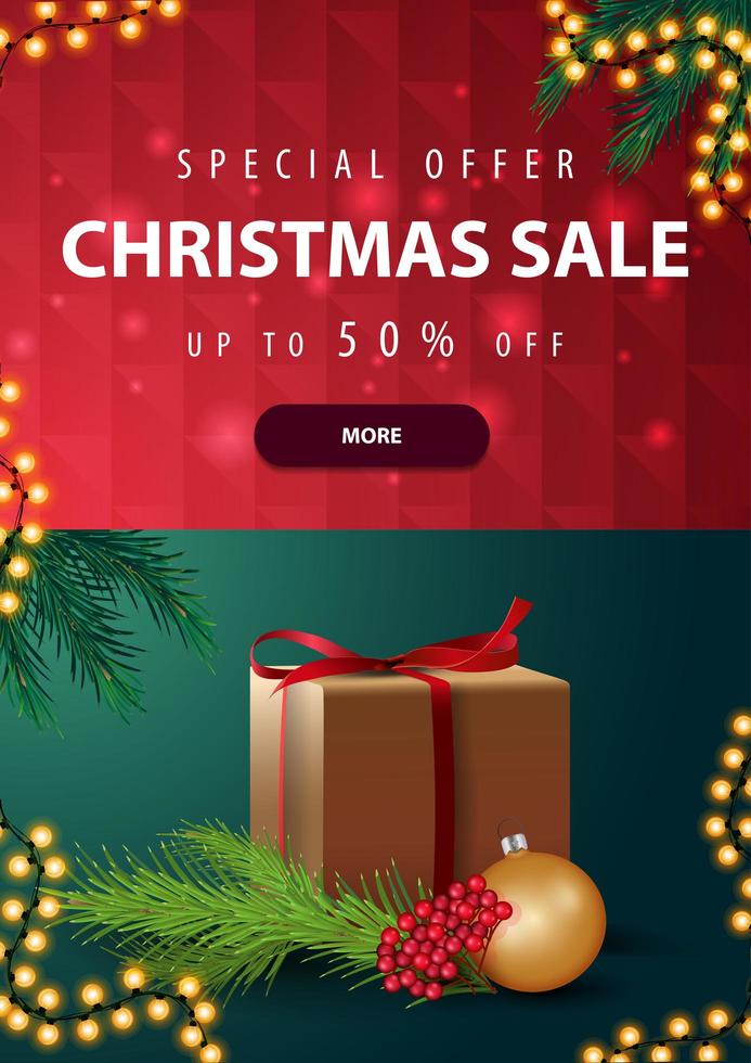 Special offer, Christmas sale, up to 50 off, vertical red and green discount banner with gift and Christmas tree branch vector