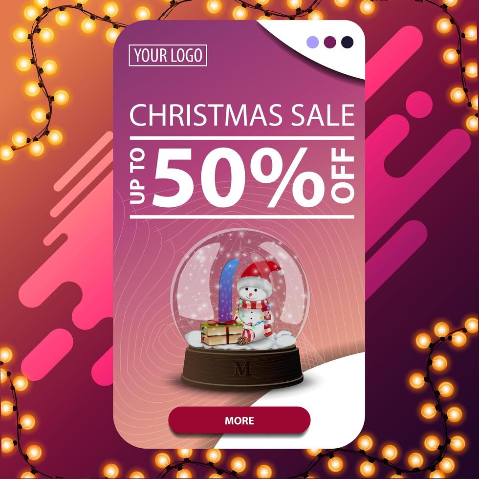 Christmas sale, up to 50 off, vertical pink discount banner with button and snow globe with snowman vector