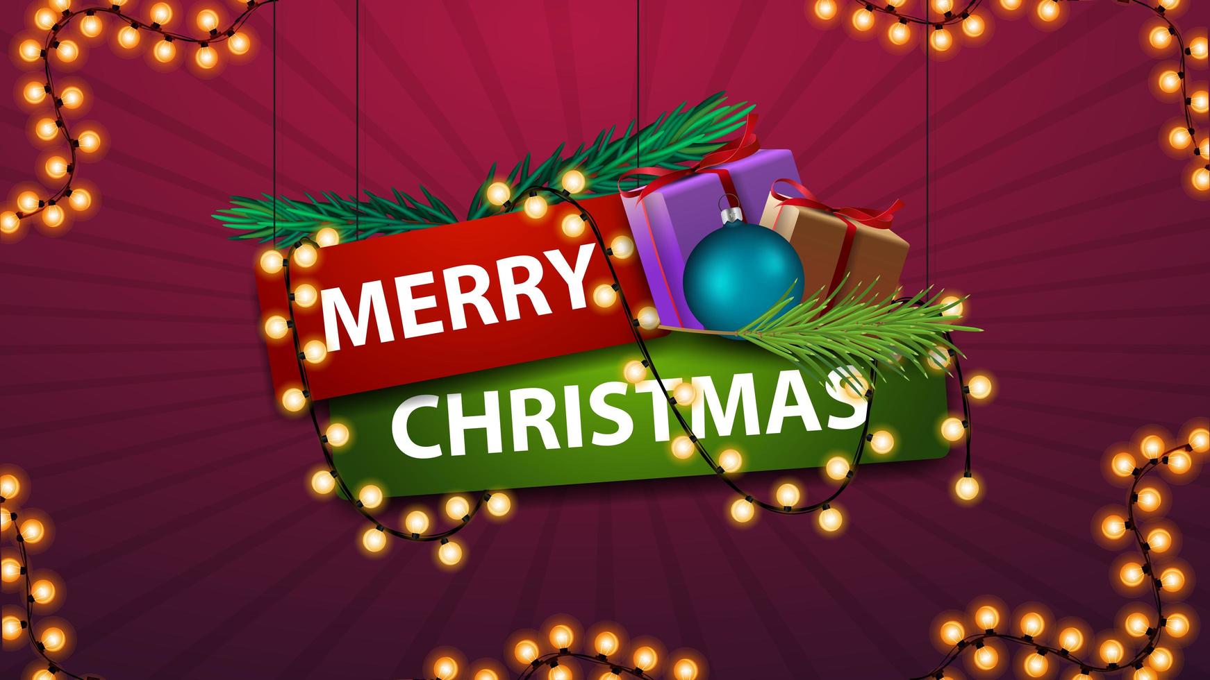 Merry Christmas, sign in cartoon style with gifts and garland. Emblem for your creativity vector