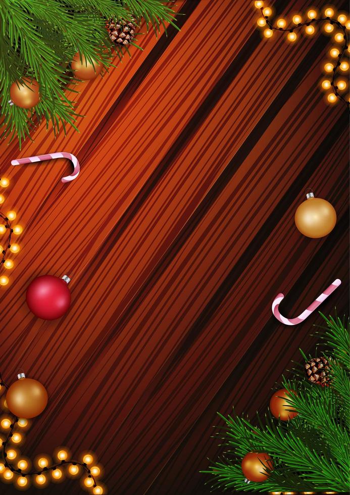 Christmas template for your arts with copy space, garland, Christmas tree branch and candy cane on the wooden background vector