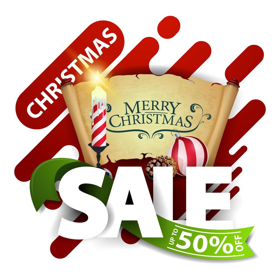 Christmas sale, up to 50 off, discount pop up for website with Large letters, green ribbon, Christmas candle, old parchment, Christmas ball and cone vector
