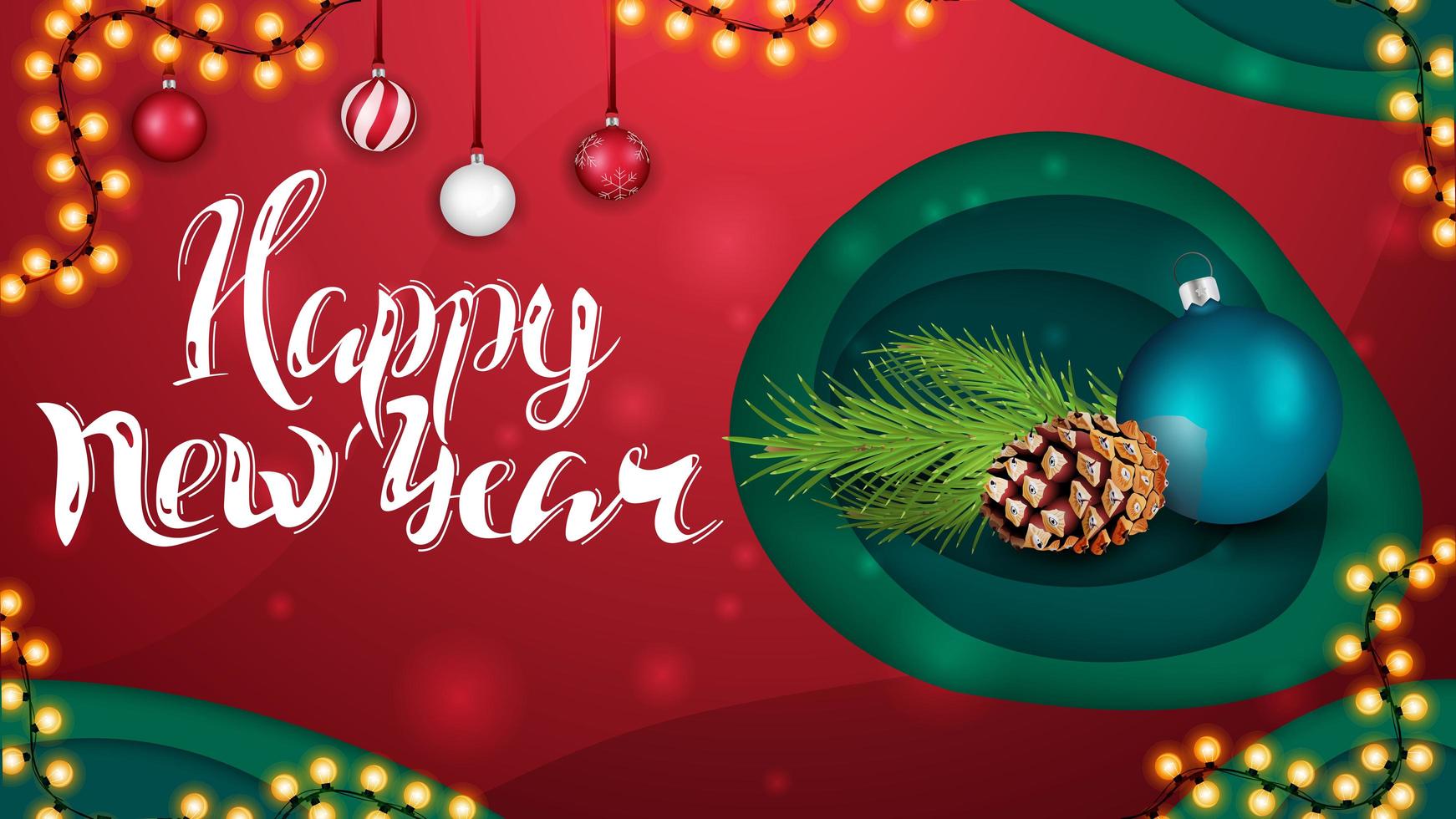 Happy New Year, greeting red card in paper cut style with Christmas ball and Christmas tree branch vector