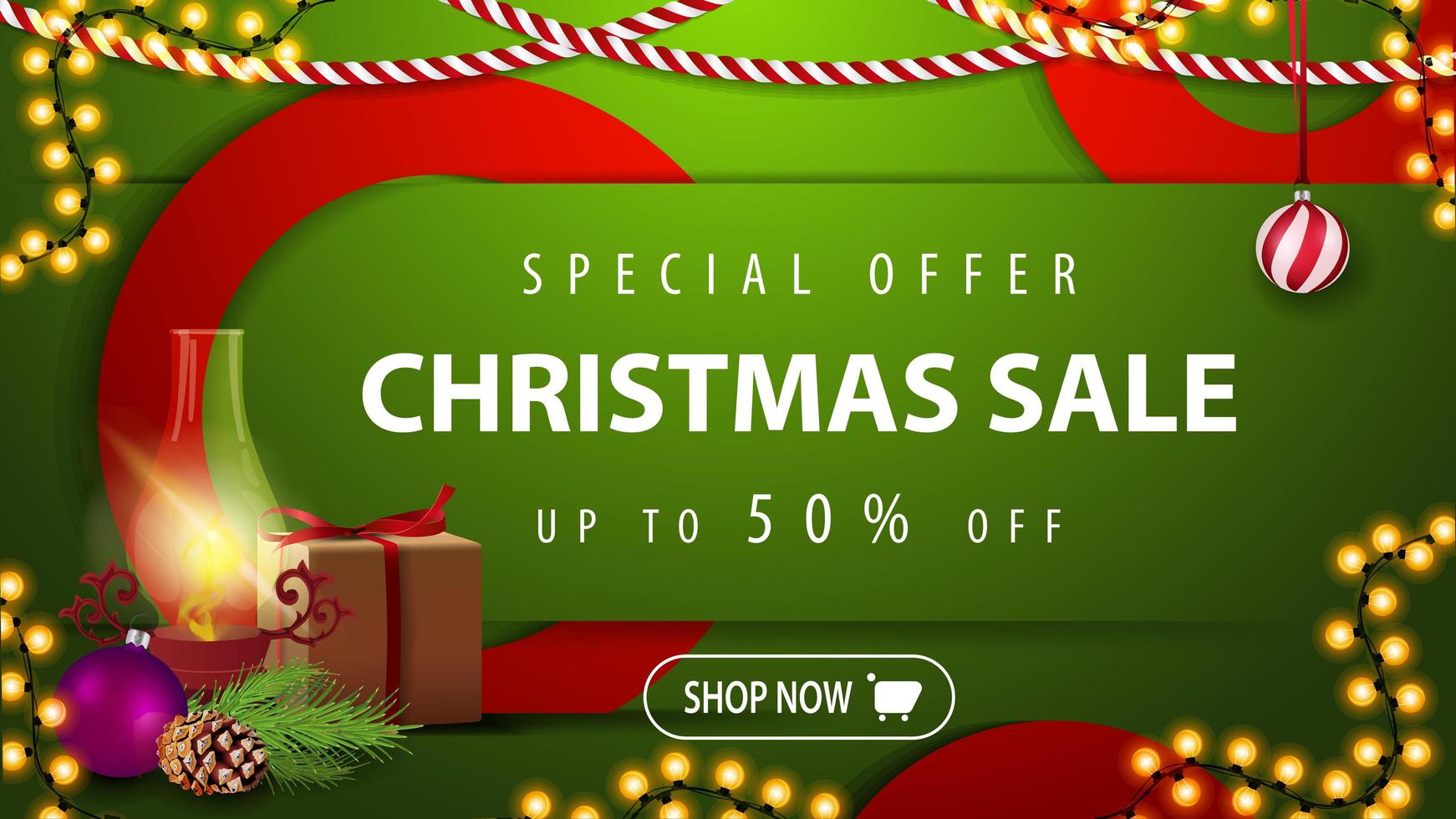 Christmas sale, up to 50 off, green bright horizontal modern web banner with button, gift, antique lamp, Christmas tree branch, cone, Christmas ball vector