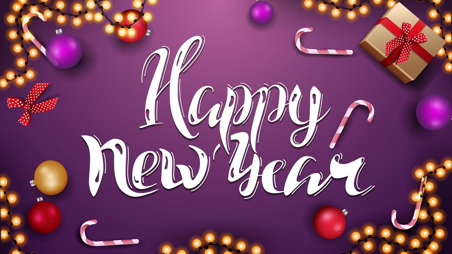 Happy New Year, purple horizontal greeting card with Christmas balls, candy canes, garland and gifts, top view vector