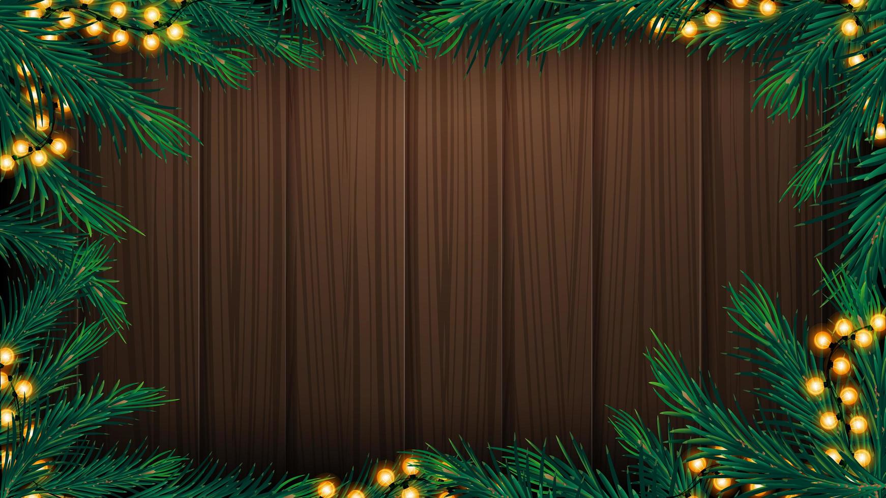 Wooden wall with Christmas tree branches frame and garland. Wooden Christmas background for your arts vector