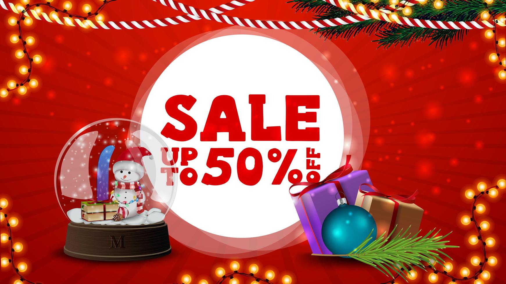 Christmas sale, up to 50 off, red discount banner for website with Christmas decor, presents and snow globe vector