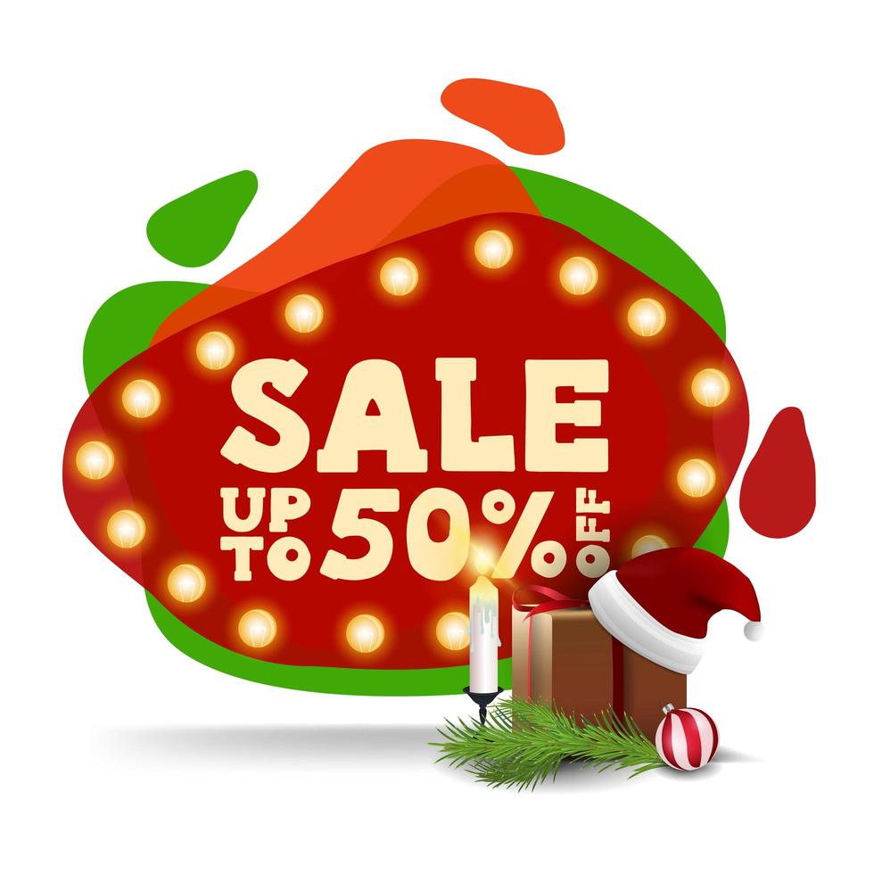 Christmas sale, up to 50 off, modern red discount banner in lava lamp style with gift with Santa Claus hat, candles, Christmas tree branch and Christmas ball vector