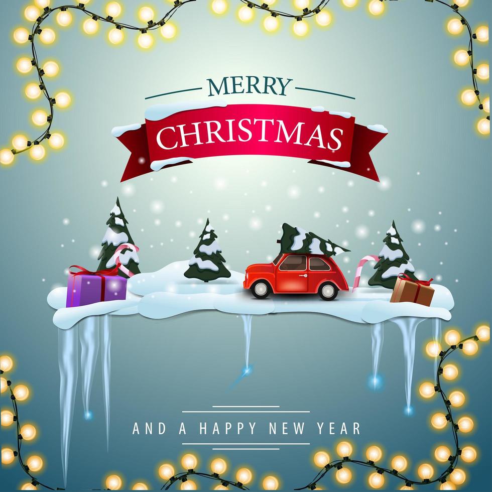 feliz navidad y próspero año nuevo, tarjeta de felicitación cuadrada con bosque de pinos en invierno y coche rojo de época con árbol de navidad. vector