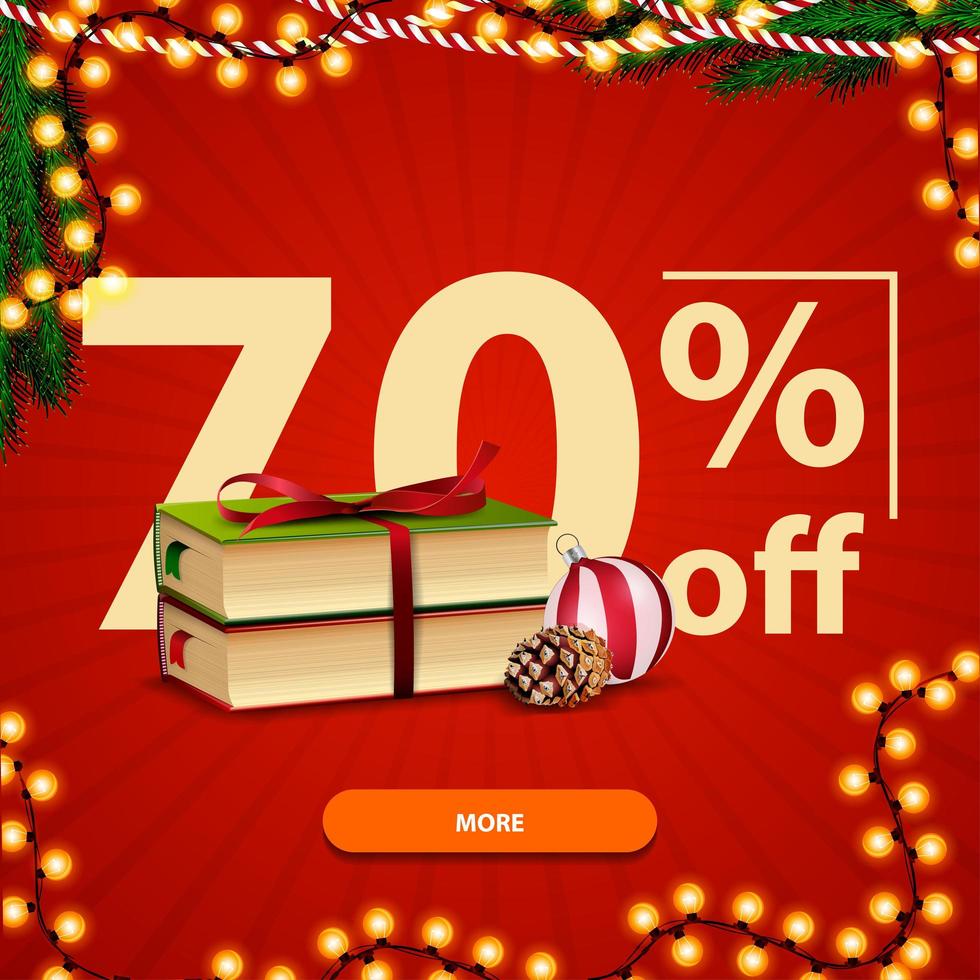 Christmas square red discount banner with Christmas books, Christmas ball and cone vector