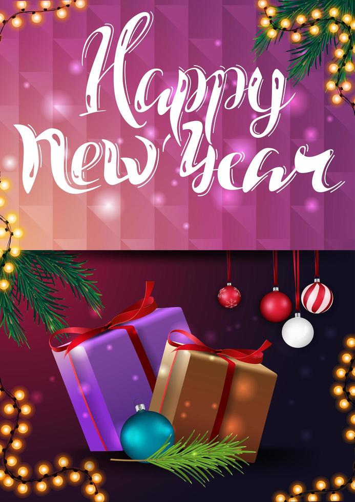 Happy New Year, greeting vertical pink card with presents and Christmas tree branch with Christmas ball vector