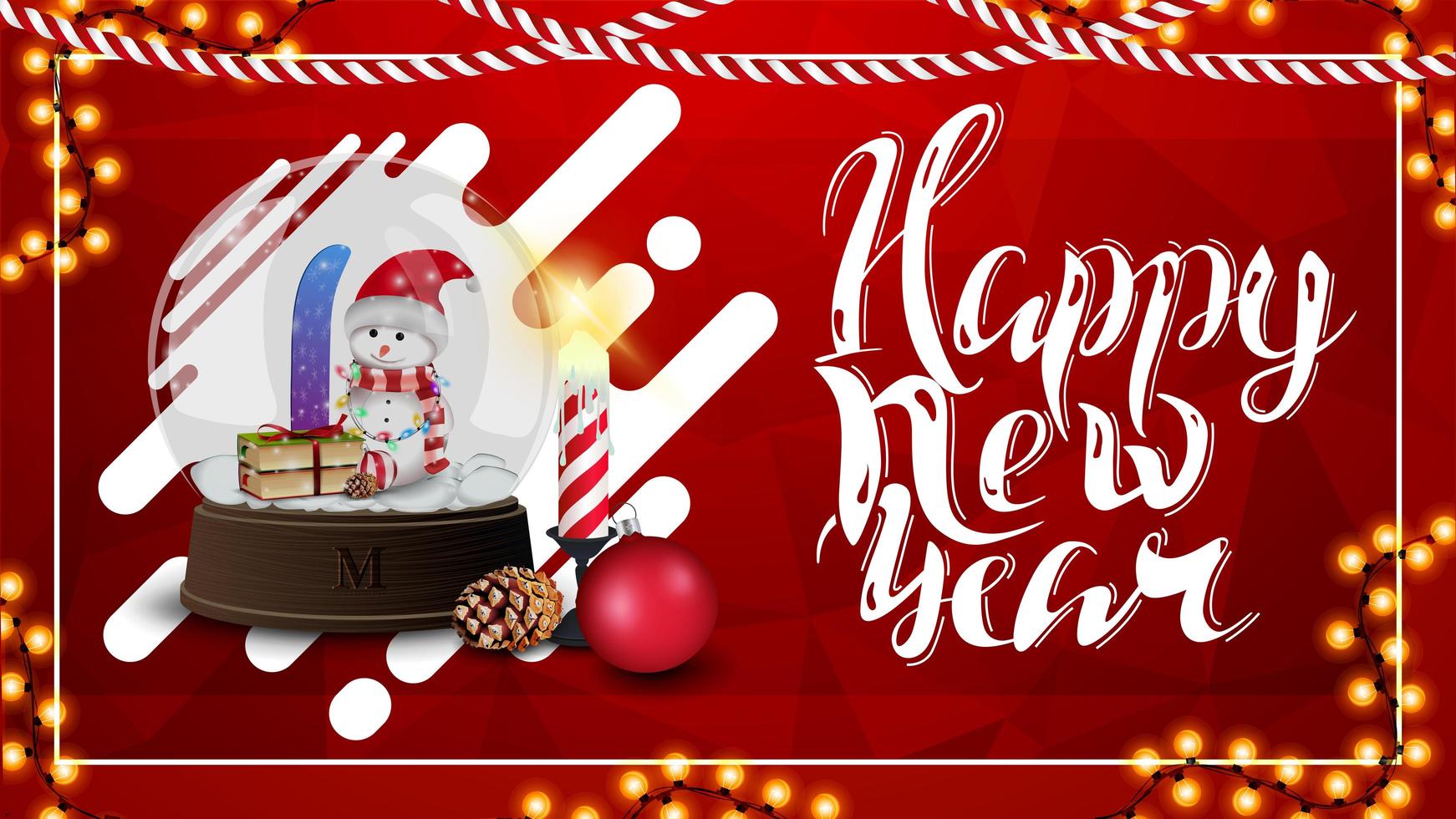 Happy New Year, red postcard with polygonal texture and snow globe with snowmen inside vector