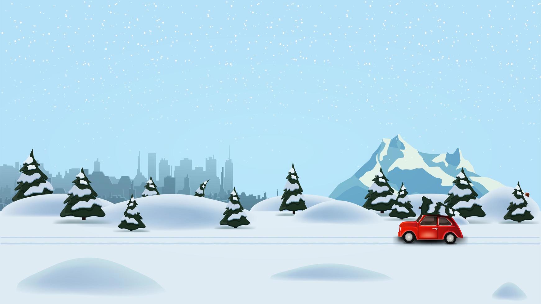 bosque de pinos de invierno, ciudad de silueta, montaña nevada y coche rojo de época con árbol de navidad vector