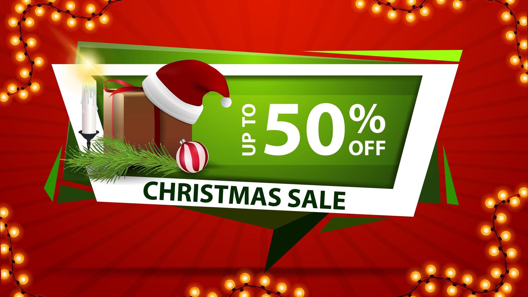 Christmas sale, up to 50 off, green discount banner in a geometric form vector