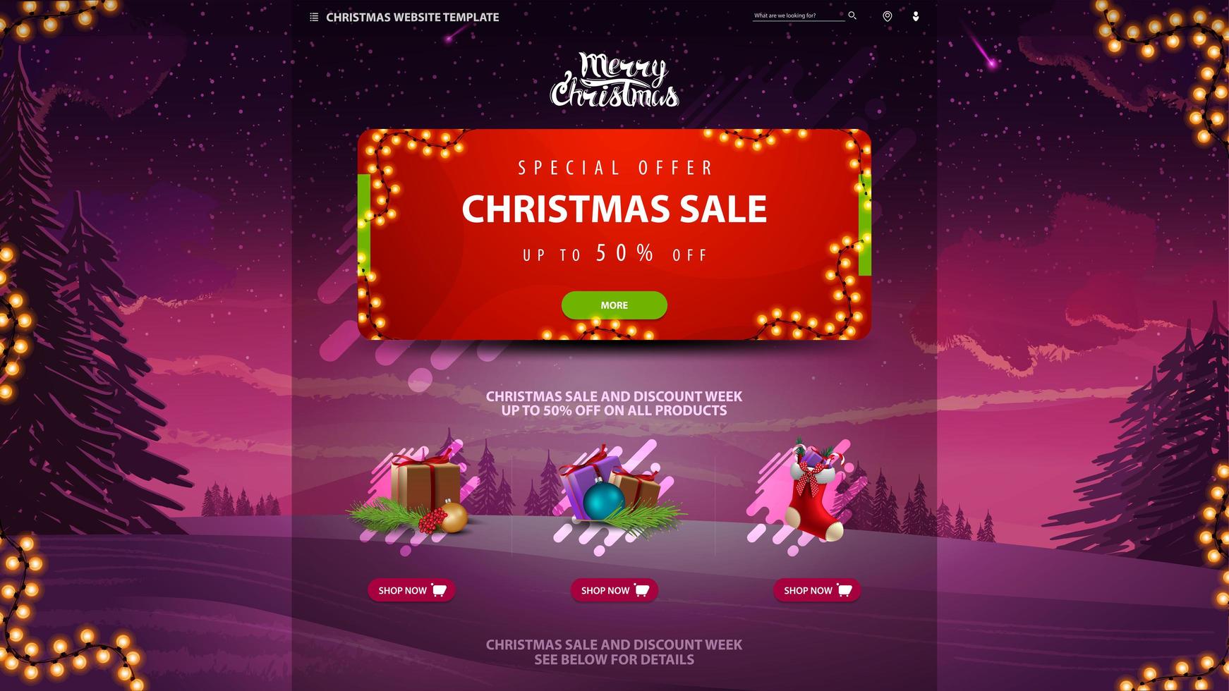 Plantilla de sitio web de diseño de venta de Navidad con abetos, nieve y cielo púrpura en el fondo vector