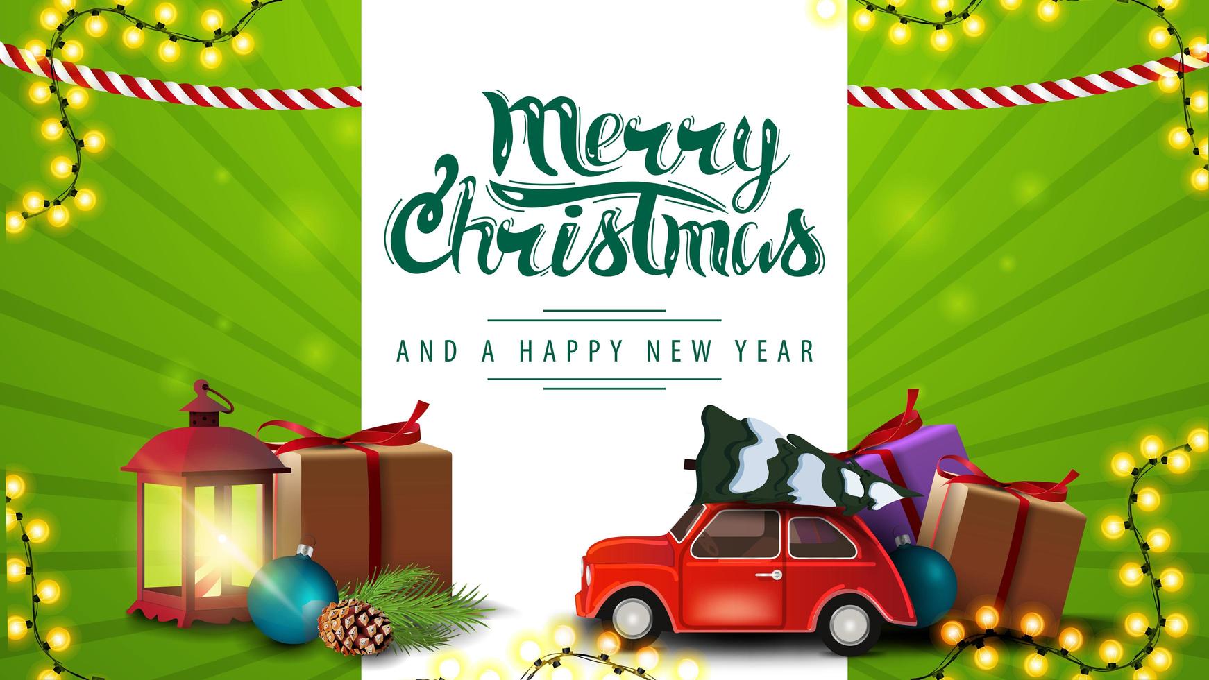 Feliz Navidad y próspero año nuevo, postal horizontal verde con regalos de Navidad y coches antiguos rojos con árbol de Navidad vector