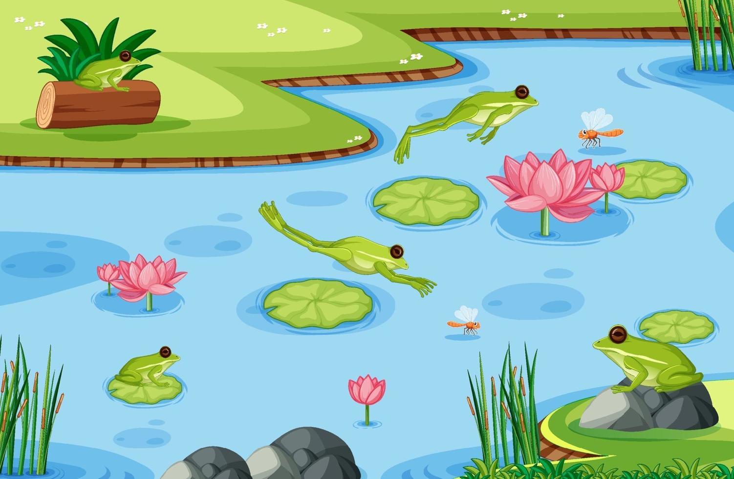 Many green frogs in the pond scene vector