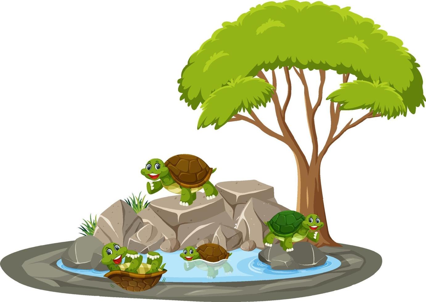 Isolated scene with many turtles around the pond vector