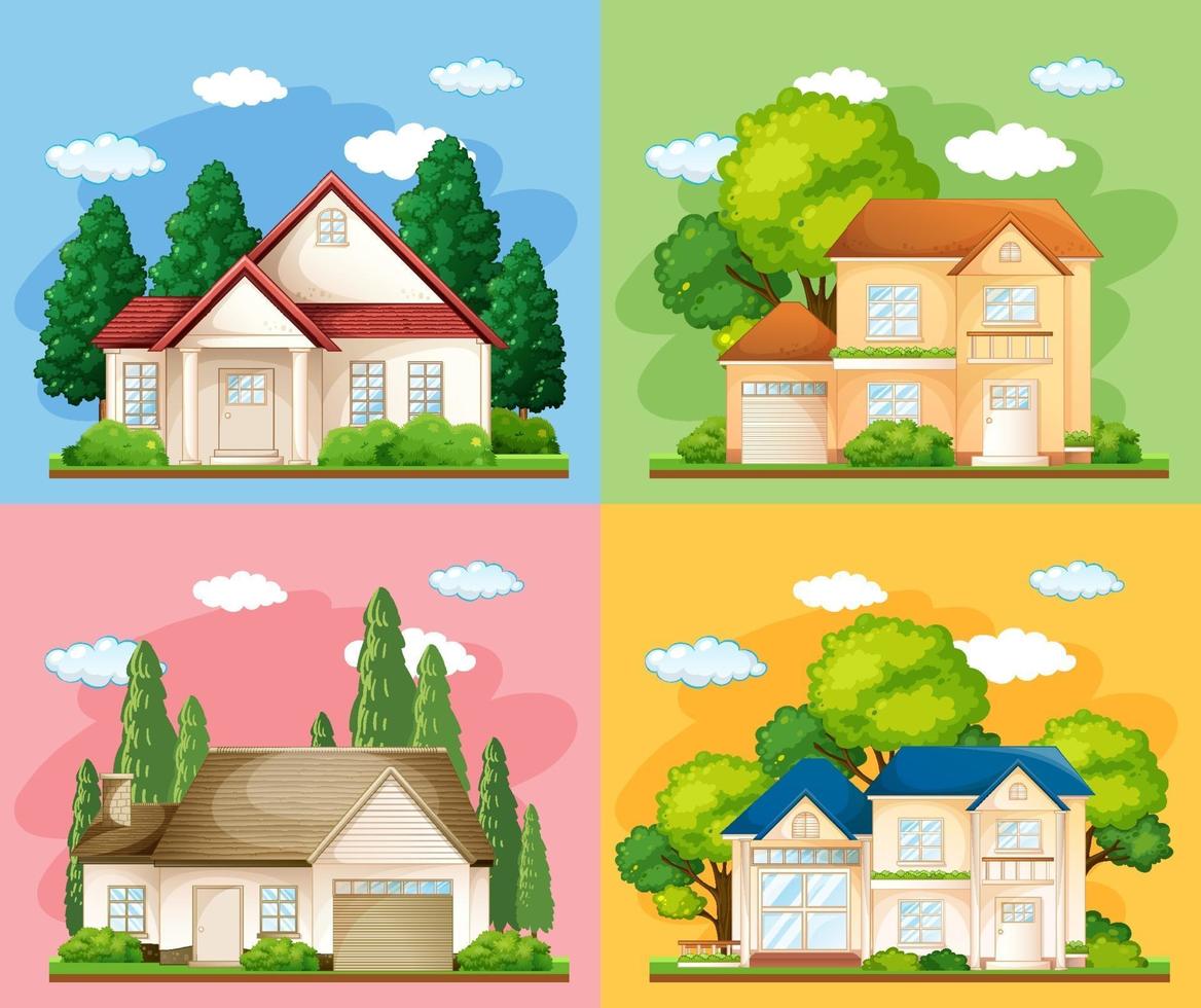 Set of different types of houses on colour background vector