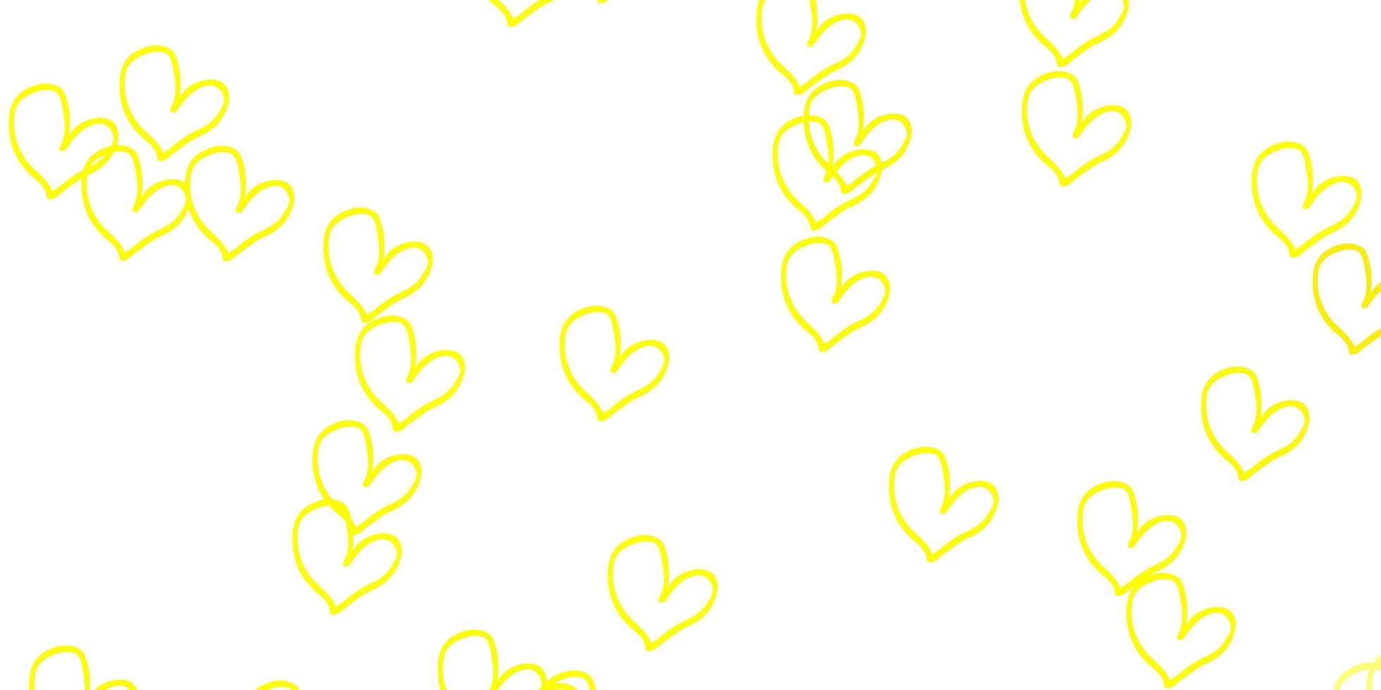 Fondo de vector amarillo claro con corazones brillantes.