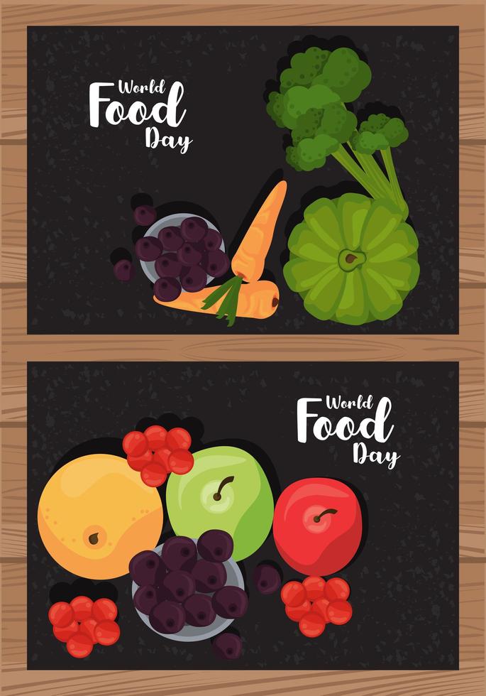 world food day poster with vegetables in black and wooden background vector