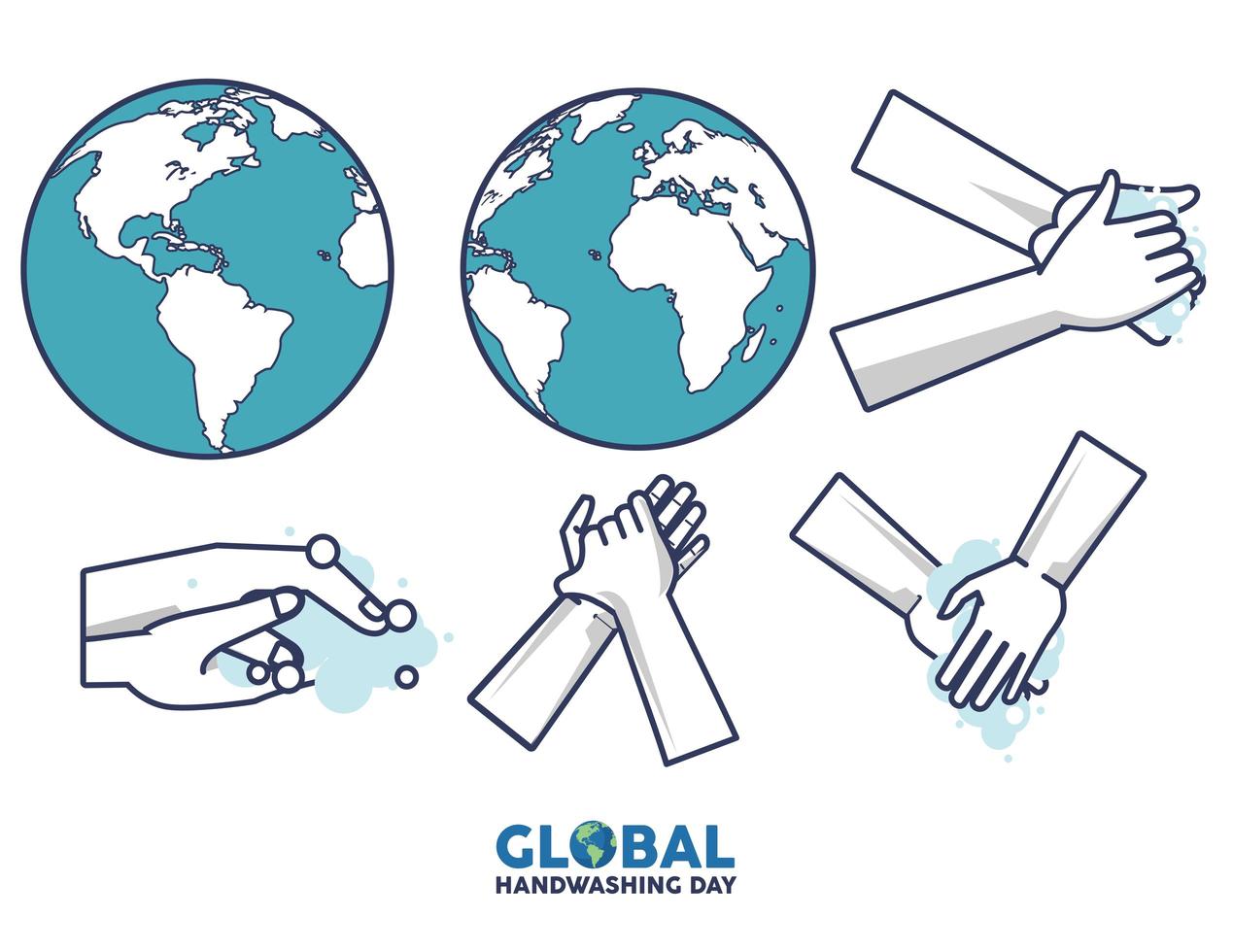global handwashing day lettering with hands washing and earth planets vector